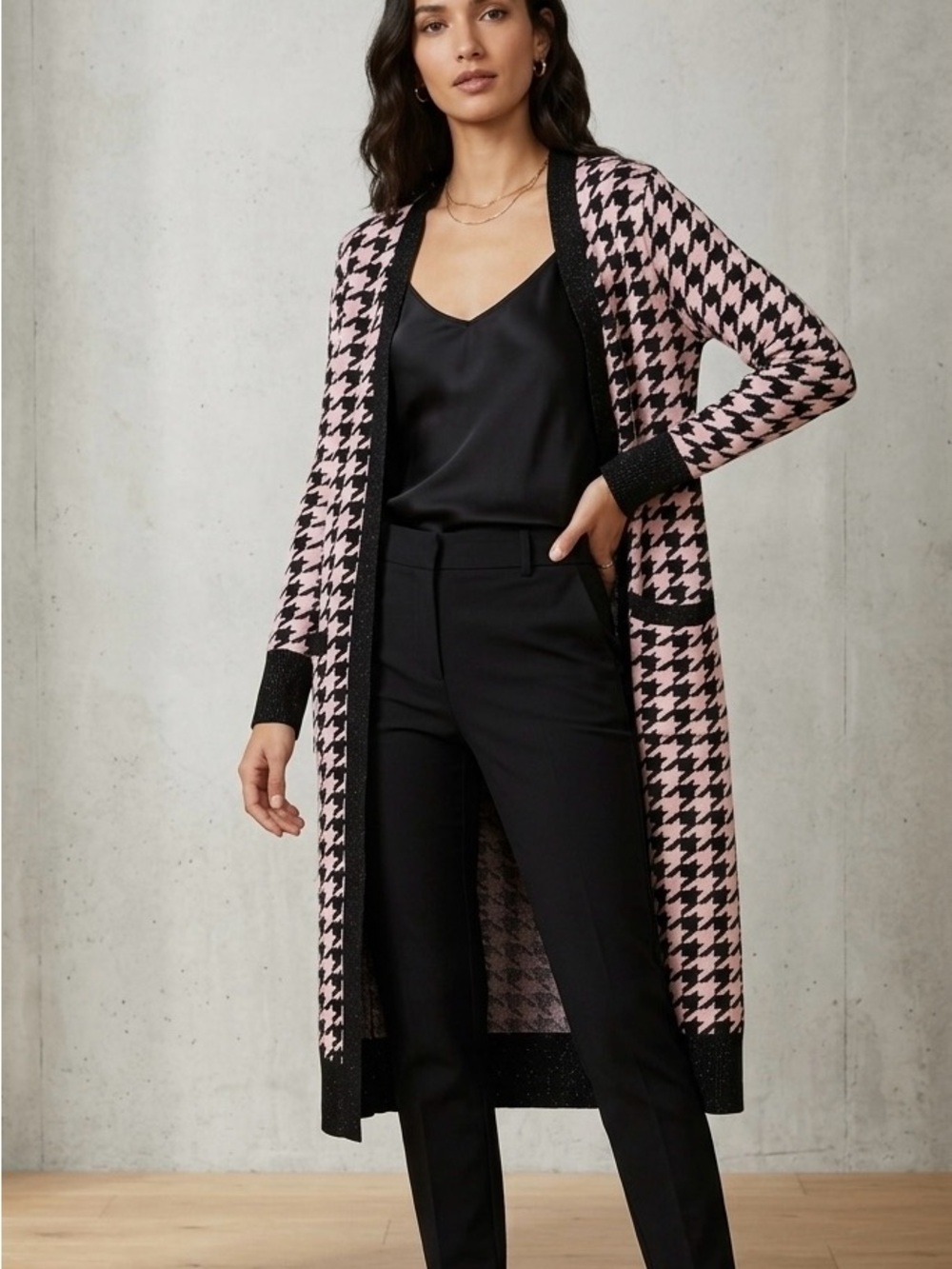 Express Pink and Black Houndstooth Long Cardigan